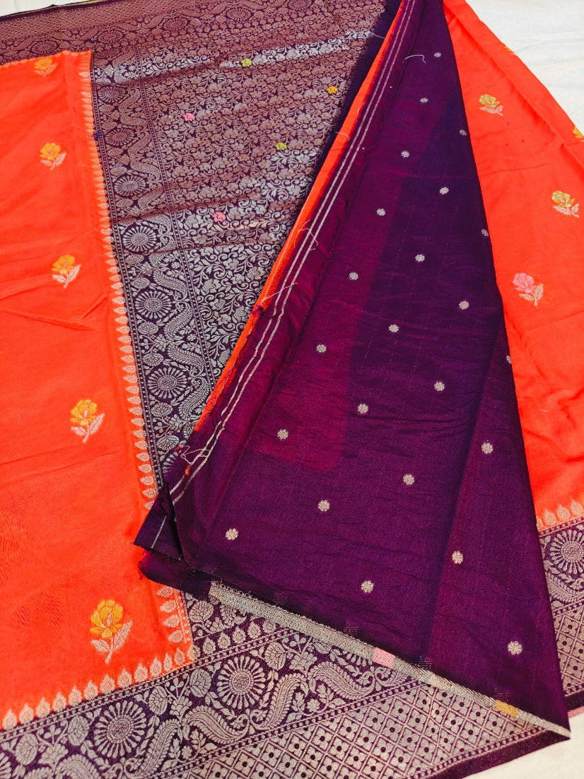 PAPER SILK MINAKARI SAREE IN TANGY ORANGE WITH CHARCOAL BLACK