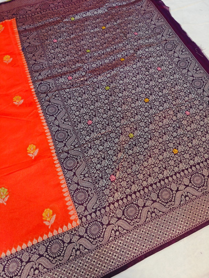 PAPER SILK MINAKARI SAREE IN TANGY ORANGE WITH CHARCOAL BLACK