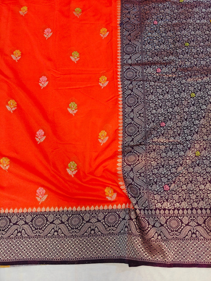 PAPER SILK MINAKARI SAREE IN TANGY ORANGE WITH CHARCOAL BLACK