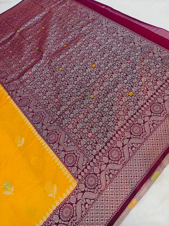 MINAKARI PAPER SILK IN AIRY GOLD COLOUR WITH GARNET BORDER