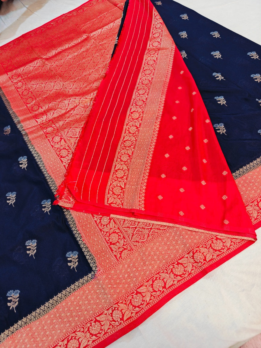 NAVY BLUE WITH RED BORDER KHADDI GEORGETTE