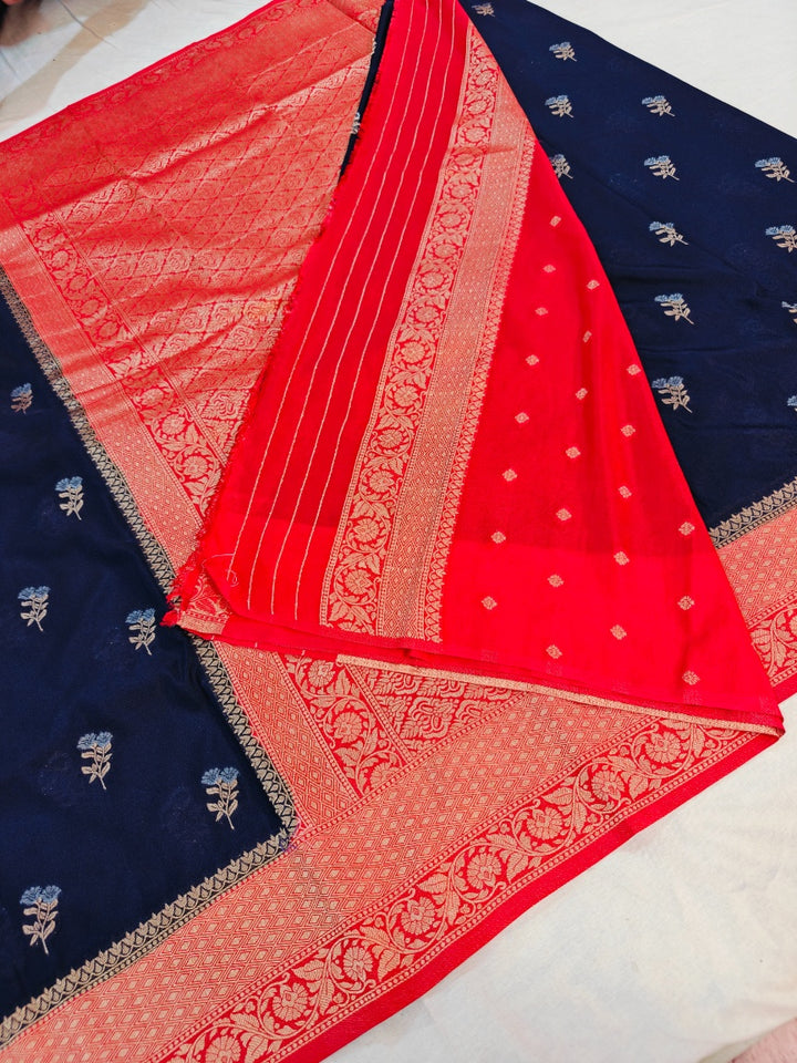 NAVY BLUE WITH RED BORDER KHADDI GEORGETTE