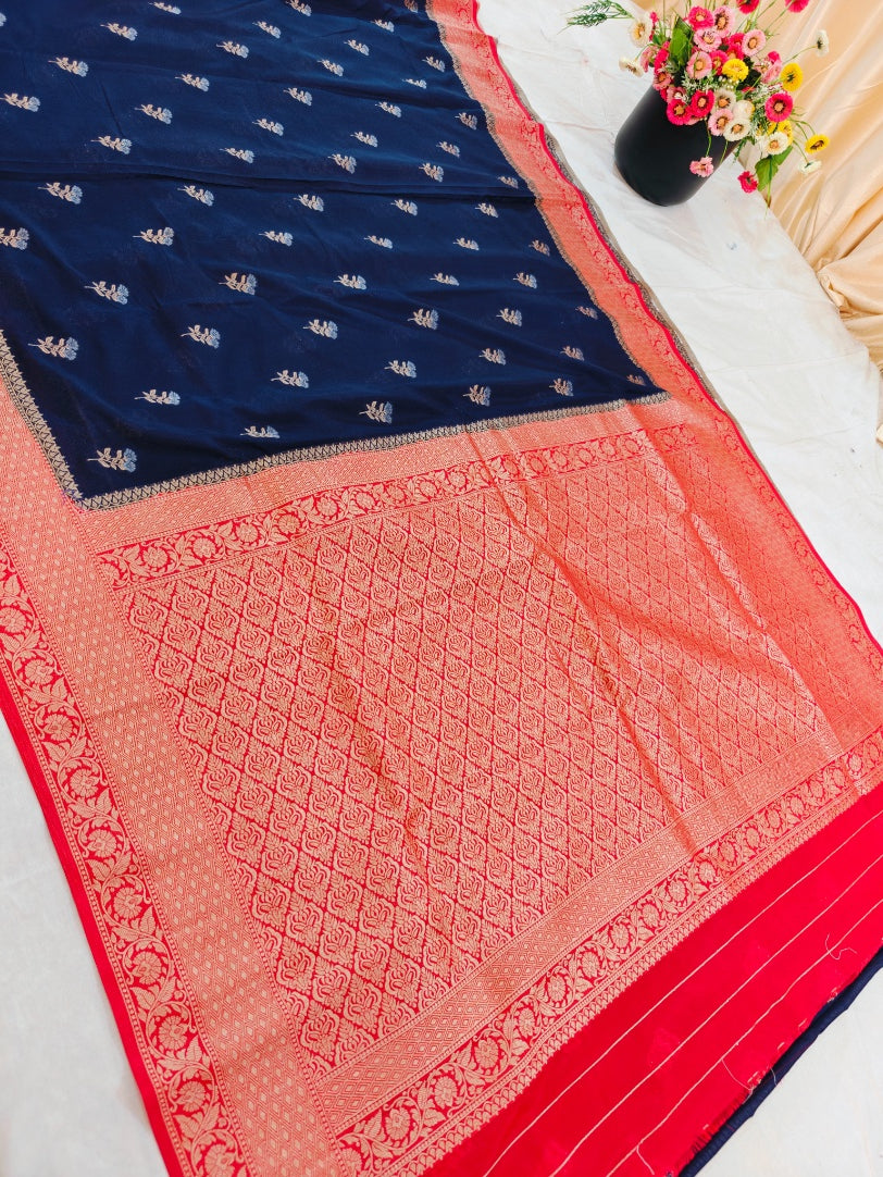 NAVY BLUE WITH RED BORDER KHADDI GEORGETTE