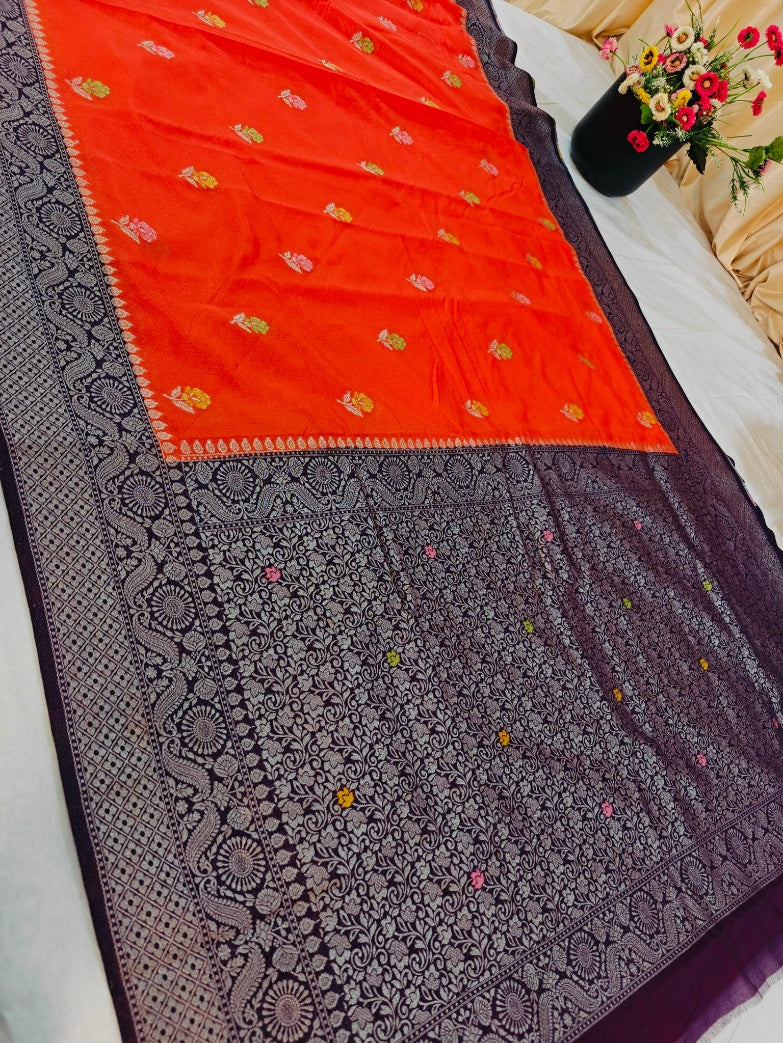 PAPER SILK MINAKARI SAREE IN TANGY ORANGE WITH CHARCOAL BLACK