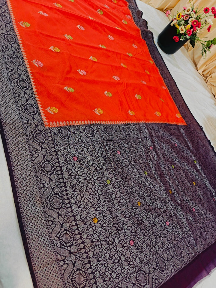 PAPER SILK MINAKARI SAREE IN TANGY ORANGE WITH CHARCOAL BLACK