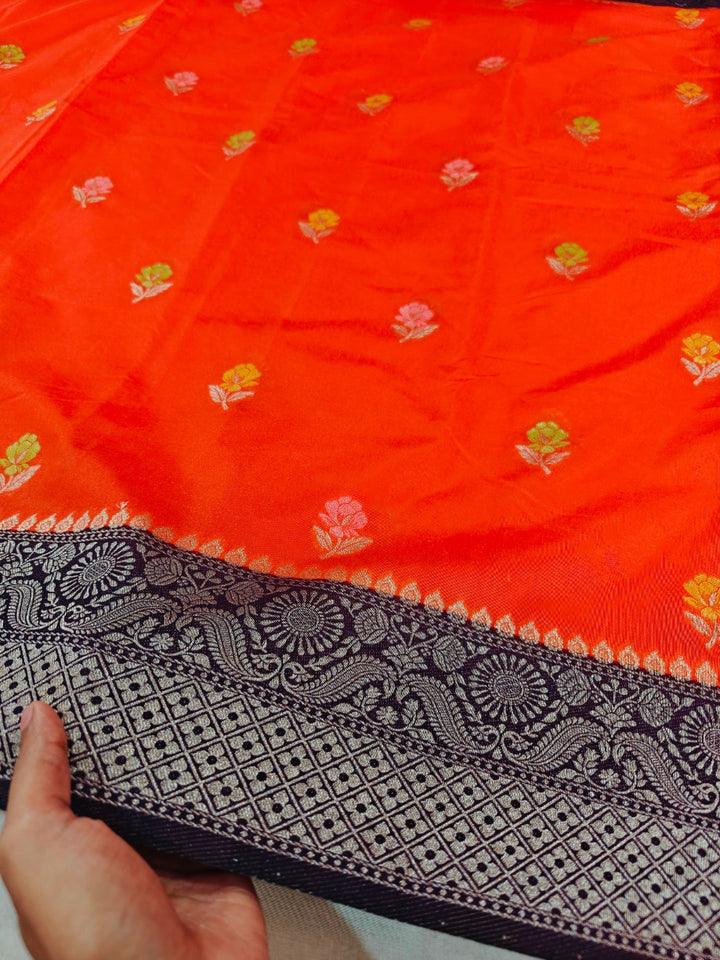 PAPER SILK MINAKARI SAREE IN TANGY ORANGE WITH CHARCOAL BLACK