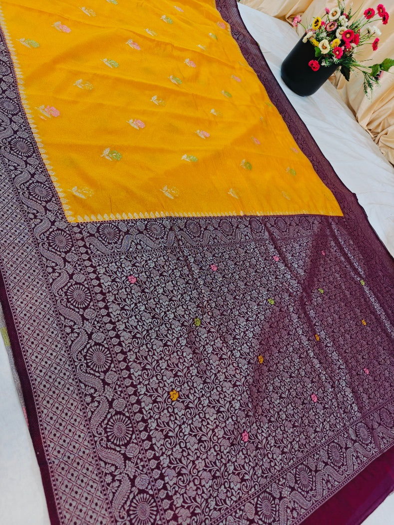 MINAKARI PAPER SILK IN AIRY GOLD COLOUR WITH GARNET BORDER