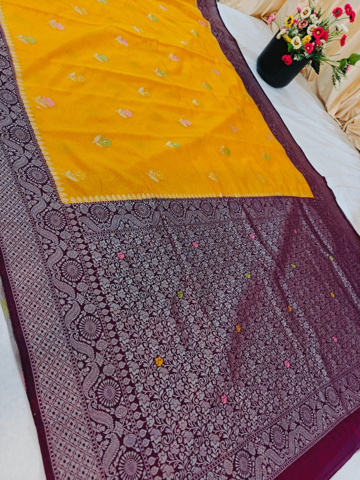 MINAKARI PAPER SILK IN AIRY GOLD COLOUR WITH GARNET BORDER