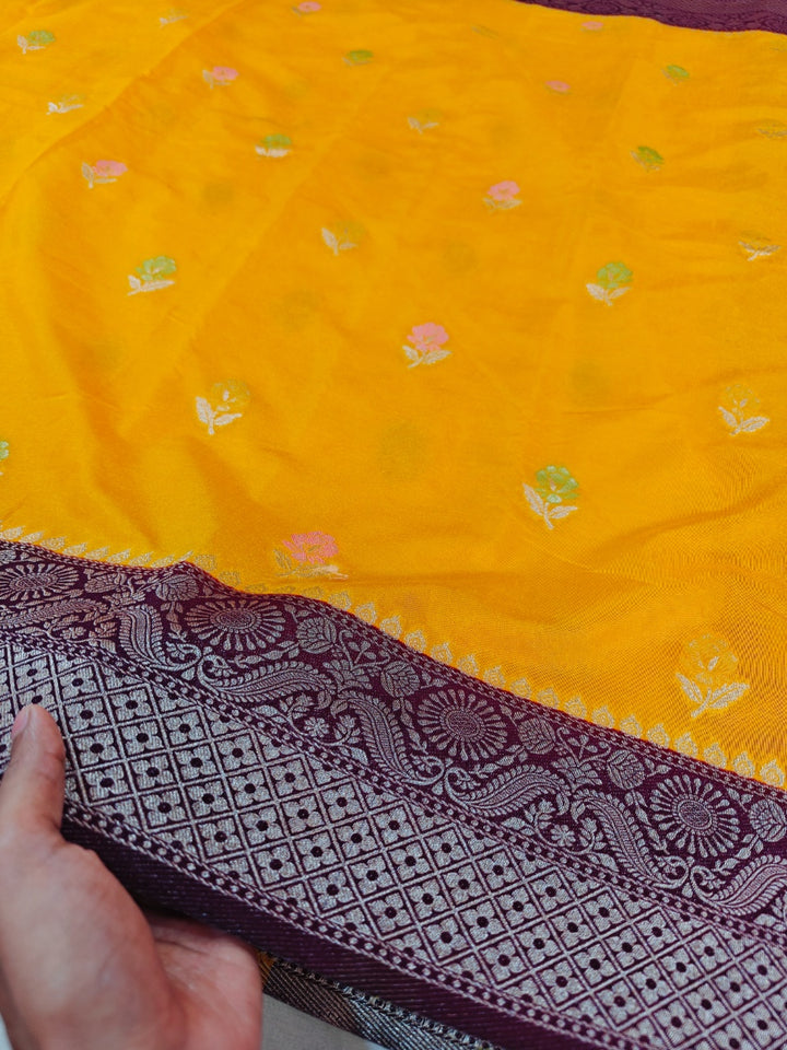 MINAKARI PAPER SILK IN AIRY GOLD COLOUR WITH GARNET BORDER