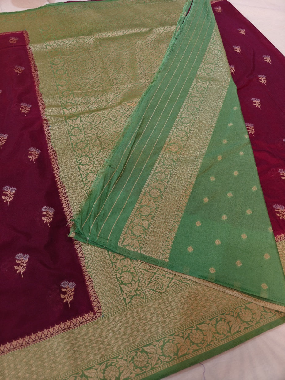 VINE COLOUR KHADDI GEORGETTEWITH PARROT GREEN BORDER