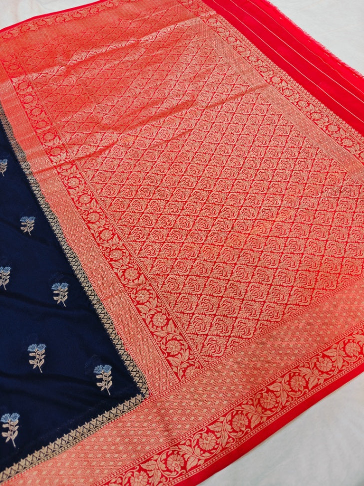 NAVY BLUE WITH RED BORDER KHADDI GEORGETTE