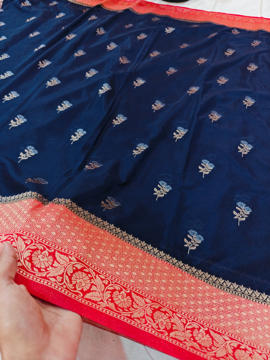 NAVY BLUE WITH RED BORDER KHADDI GEORGETTE