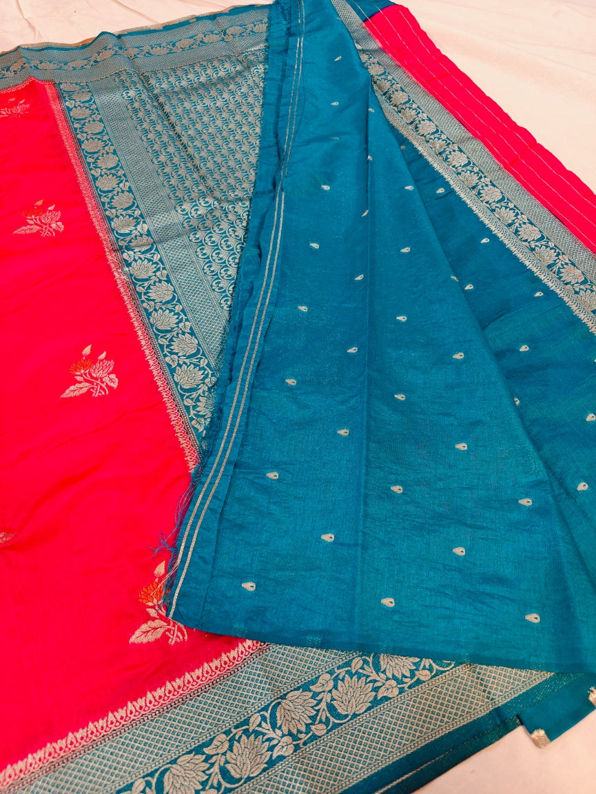 PAPER SILK MINAKARI WITH RANI COLOUR BODY AND BLUE BORDER