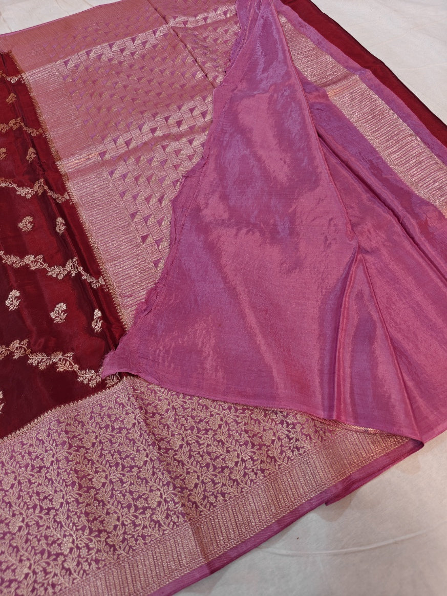 RUSSIAN SILK IN MAROON AND BABY PINK COLOUR BORDER WITH DIOGNAL FLORAL DESIGNS