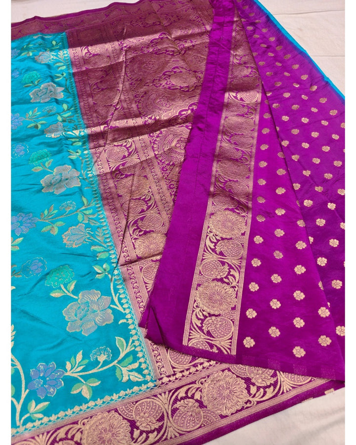 FEROZI BLUE WITH MAGENTA BORDER RUSSIAN SILK