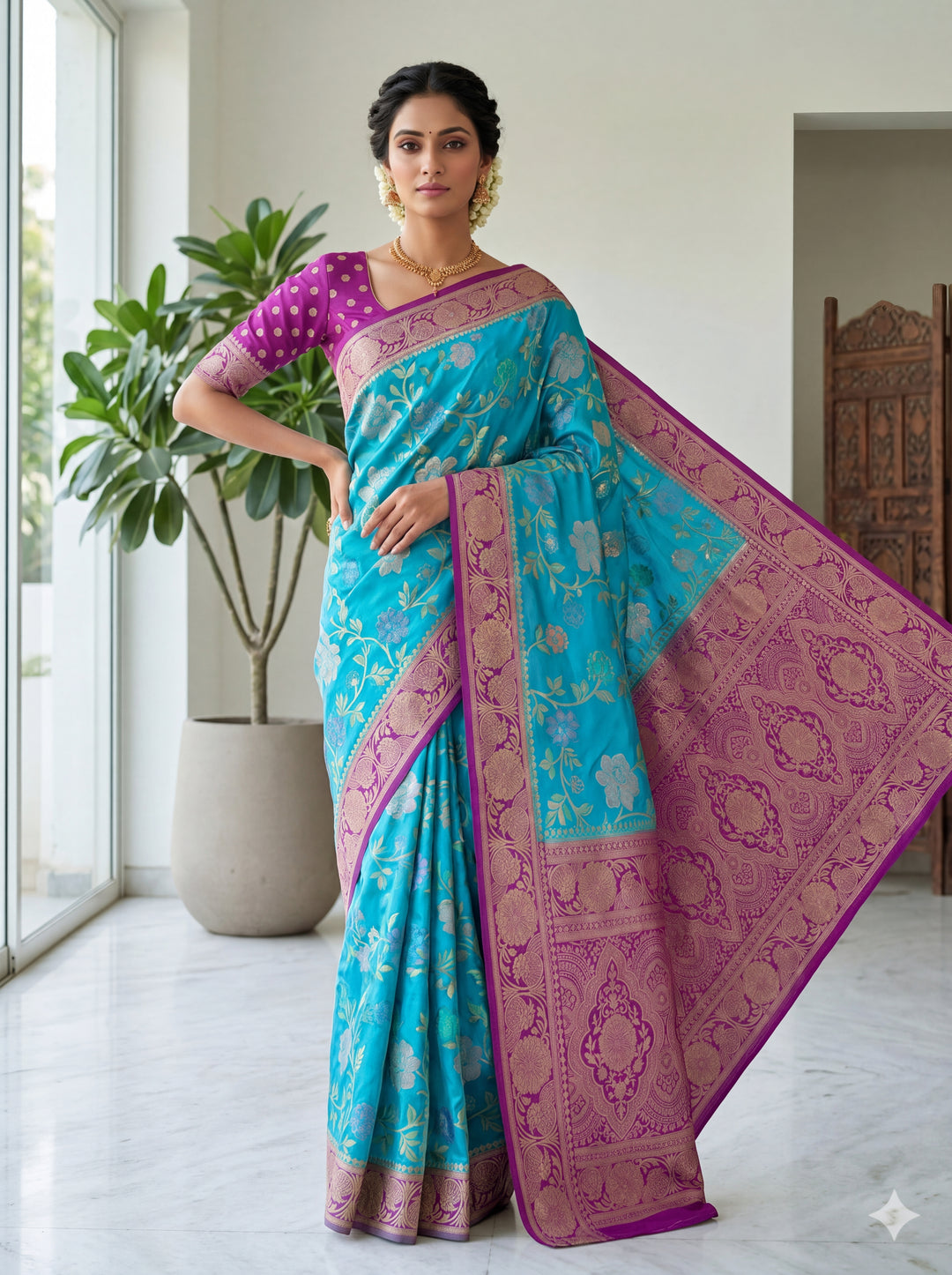 FEROZI BLUE WITH MAGENTA BORDER RUSSIAN SILK