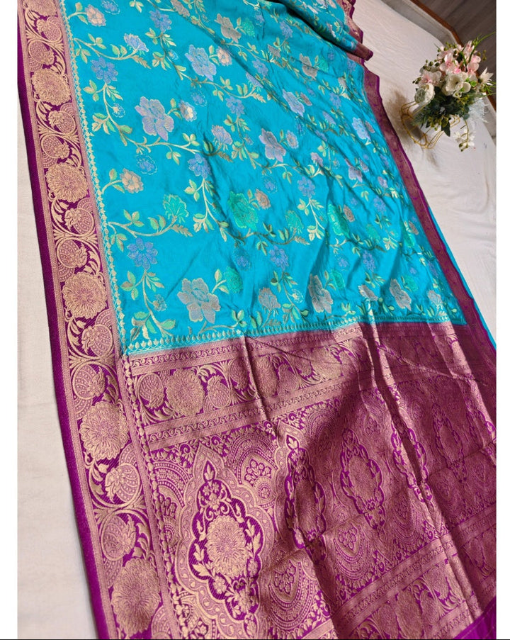 FEROZI BLUE WITH MAGENTA BORDER RUSSIAN SILK