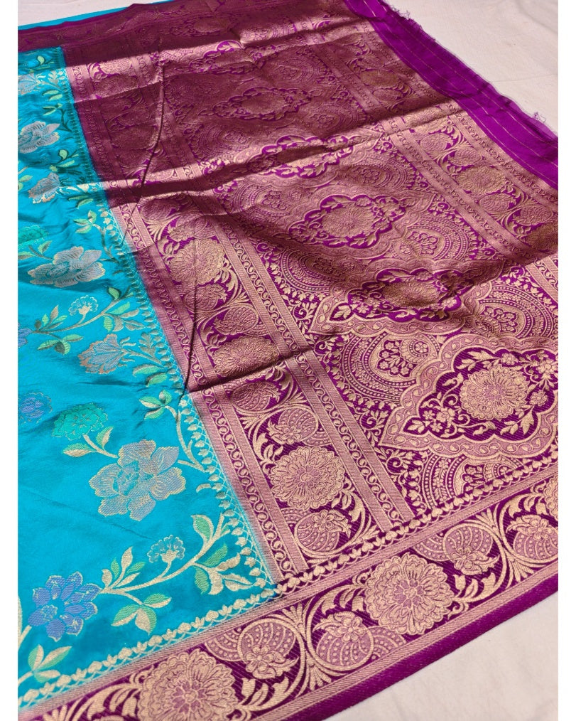 FEROZI BLUE WITH MAGENTA BORDER RUSSIAN SILK