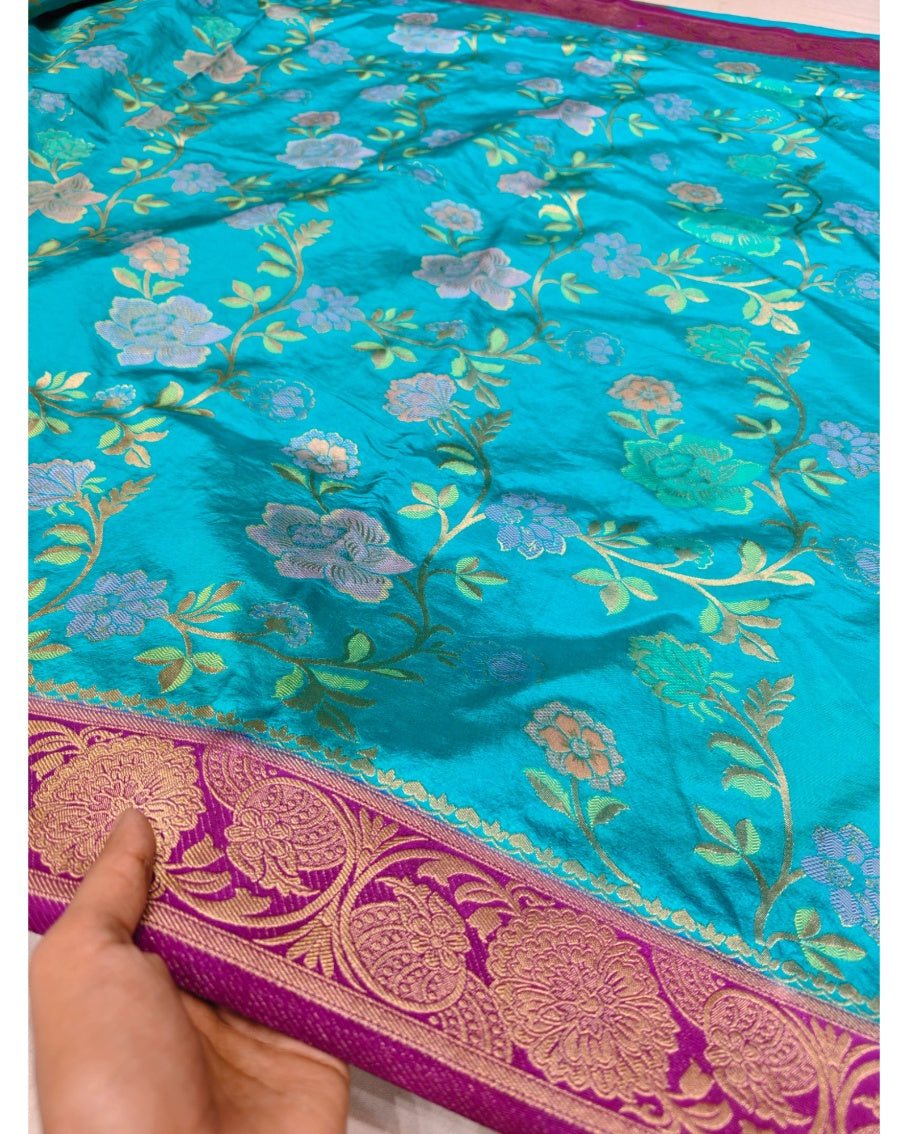 FEROZI BLUE WITH MAGENTA BORDER RUSSIAN SILK