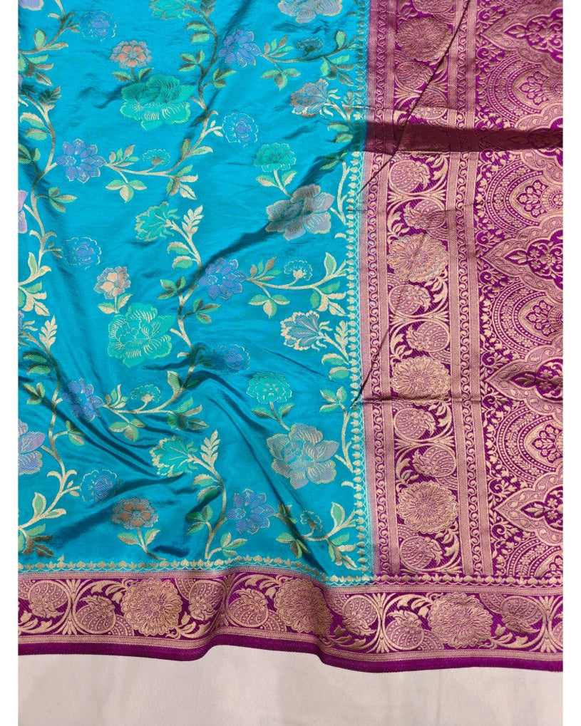 FEROZI BLUE WITH MAGENTA BORDER RUSSIAN SILK