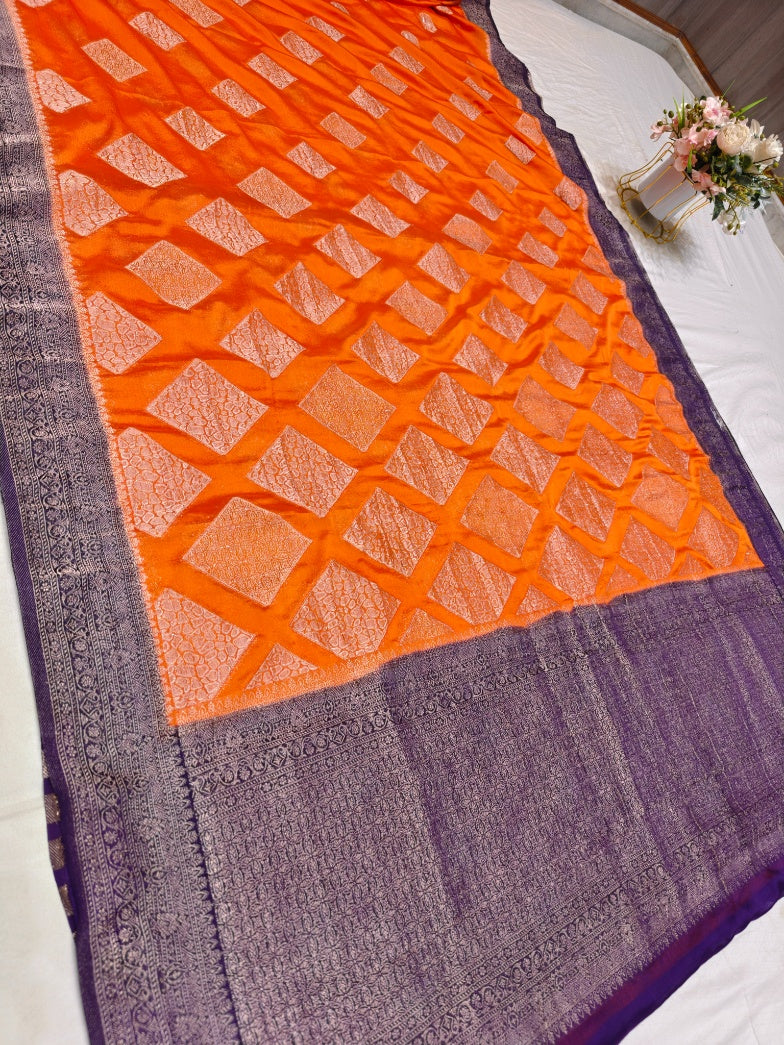 TANGY ORANGE CHINON CREPE GEORGETTE WITH VIOLET BORDER