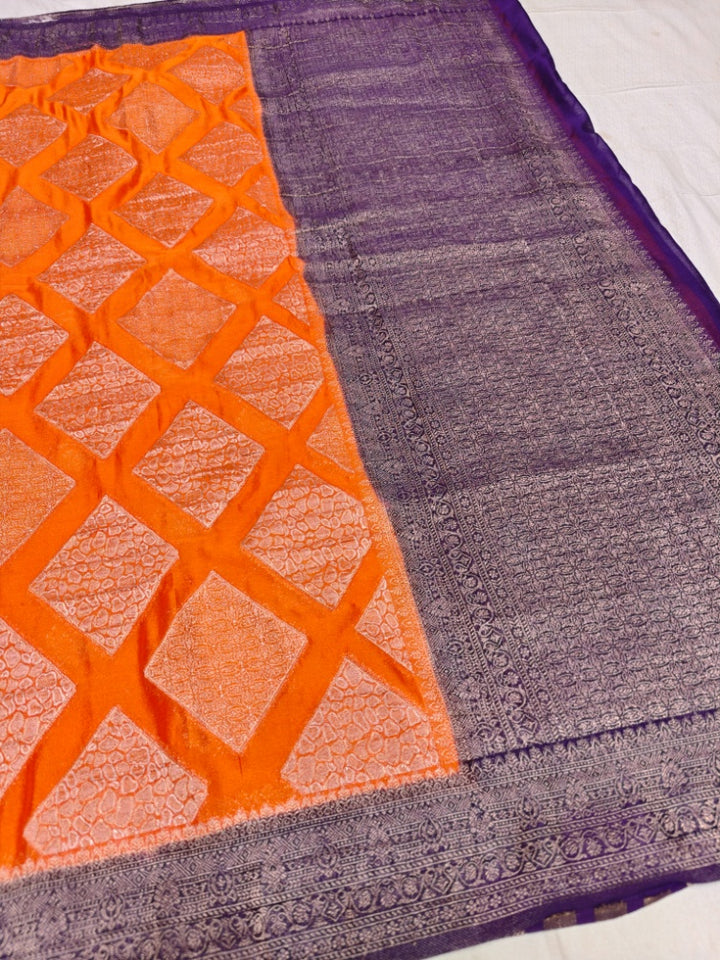 TANGY ORANGE CHINON CREPE GEORGETTE WITH VIOLET BORDER