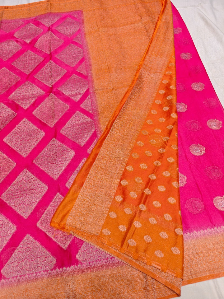 VIBRANT PINK CHINON CREPE GEORGETTE WITH ORANGE BORDER