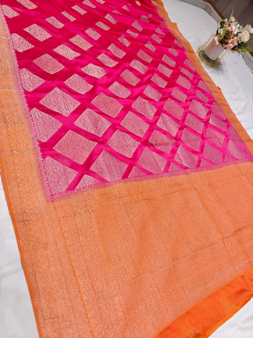 VIBRANT PINK CHINON CREPE GEORGETTE WITH ORANGE BORDER