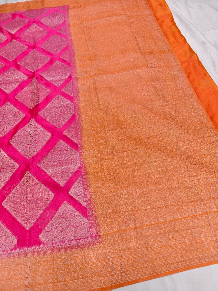 VIBRANT PINK CHINON CREPE GEORGETTE WITH ORANGE BORDER
