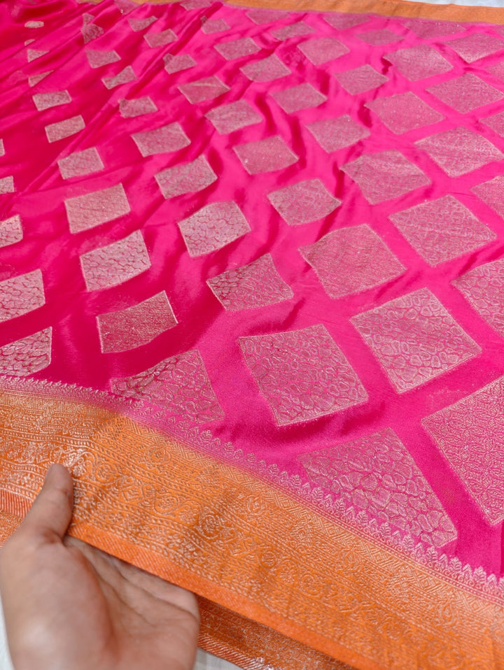VIBRANT PINK CHINON CREPE GEORGETTE WITH ORANGE BORDER