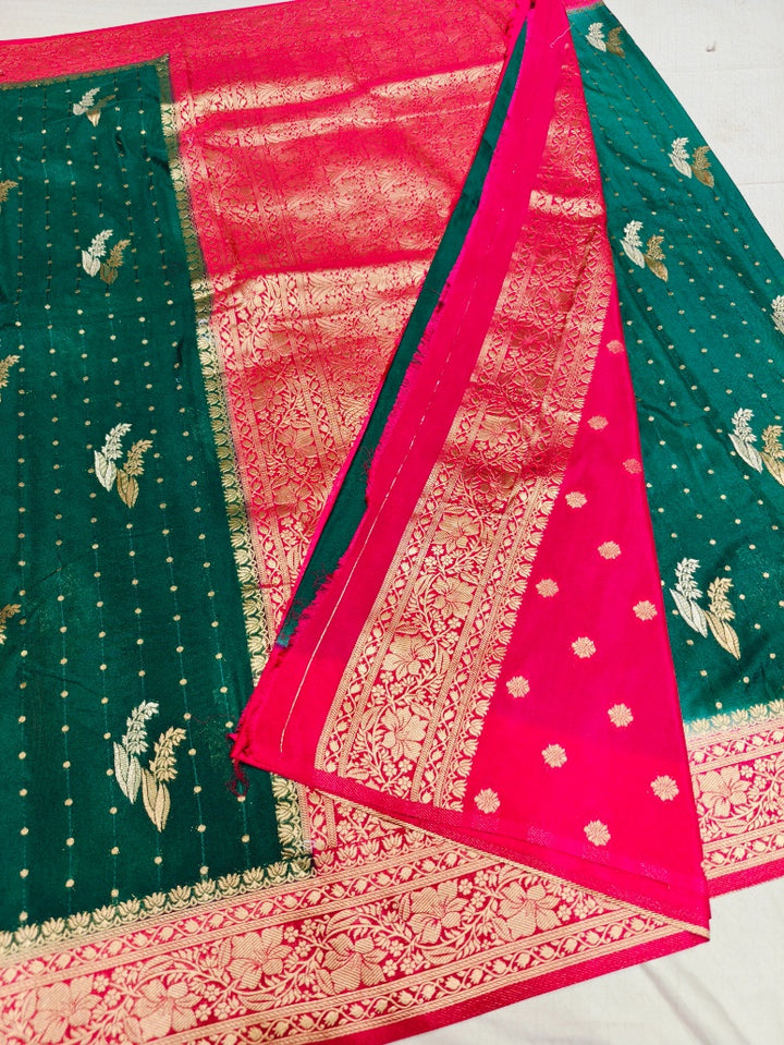 BOTTLE GREEN KHADDI GEORGETTE WITH RANI BORDER