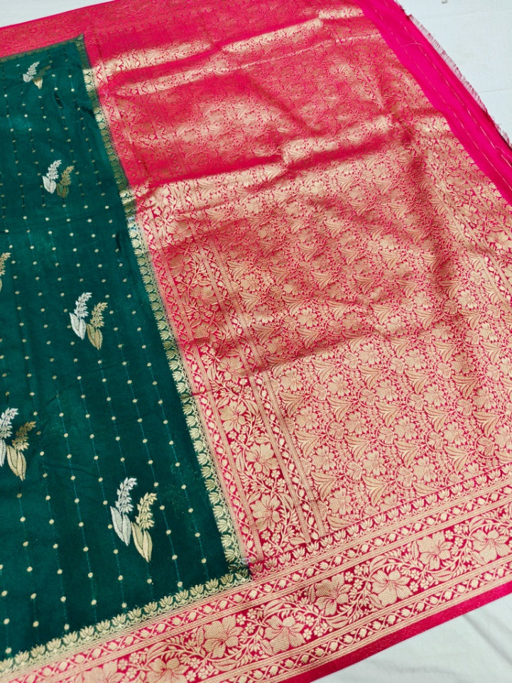 BOTTLE GREEN KHADDI GEORGETTE WITH RANI BORDER