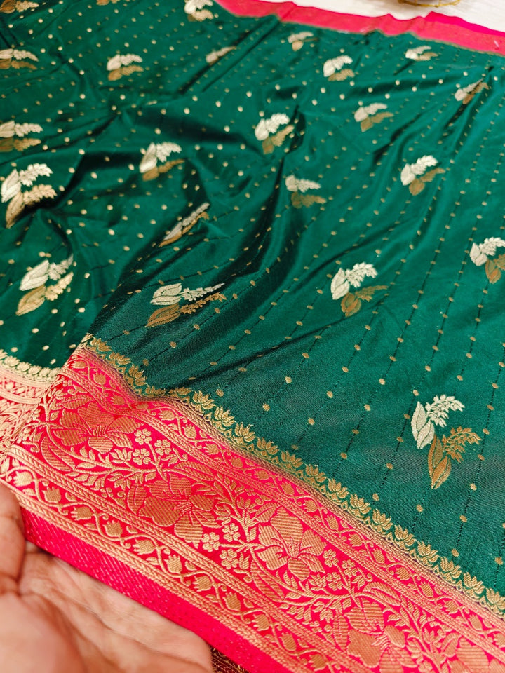 BOTTLE GREEN KHADDI GEORGETTE WITH RANI BORDER