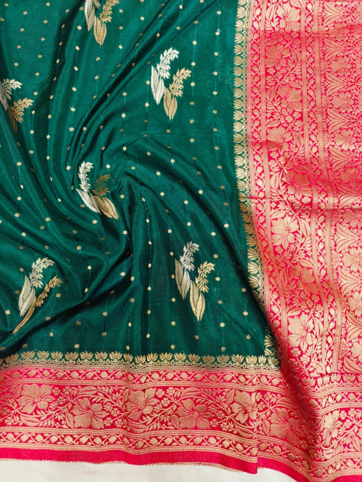 BOTTLE GREEN KHADDI GEORGETTE WITH RANI BORDER