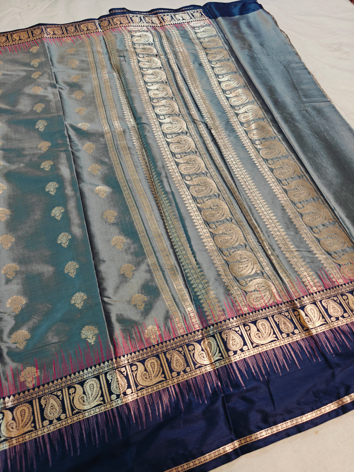 STEAL GREY WITH NAVY BLUE BORDER BANARASI SILK