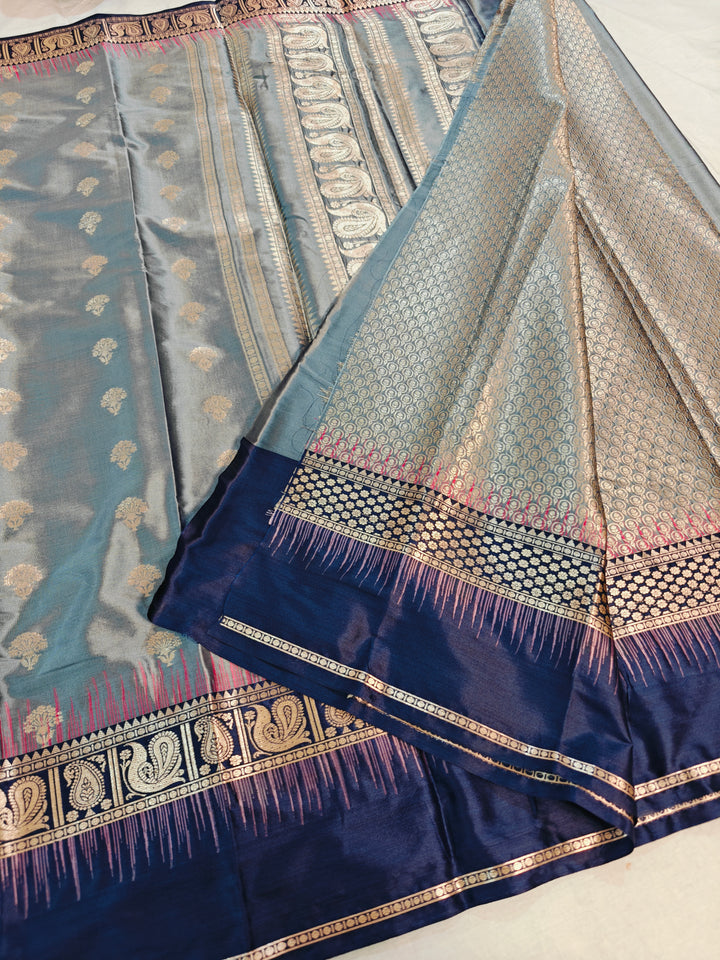 STEAL GREY WITH NAVY BLUE BORDER BANARASI SILK
