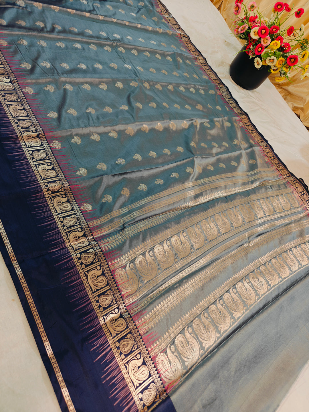 STEAL GREY WITH NAVY BLUE BORDER BANARASI SILK