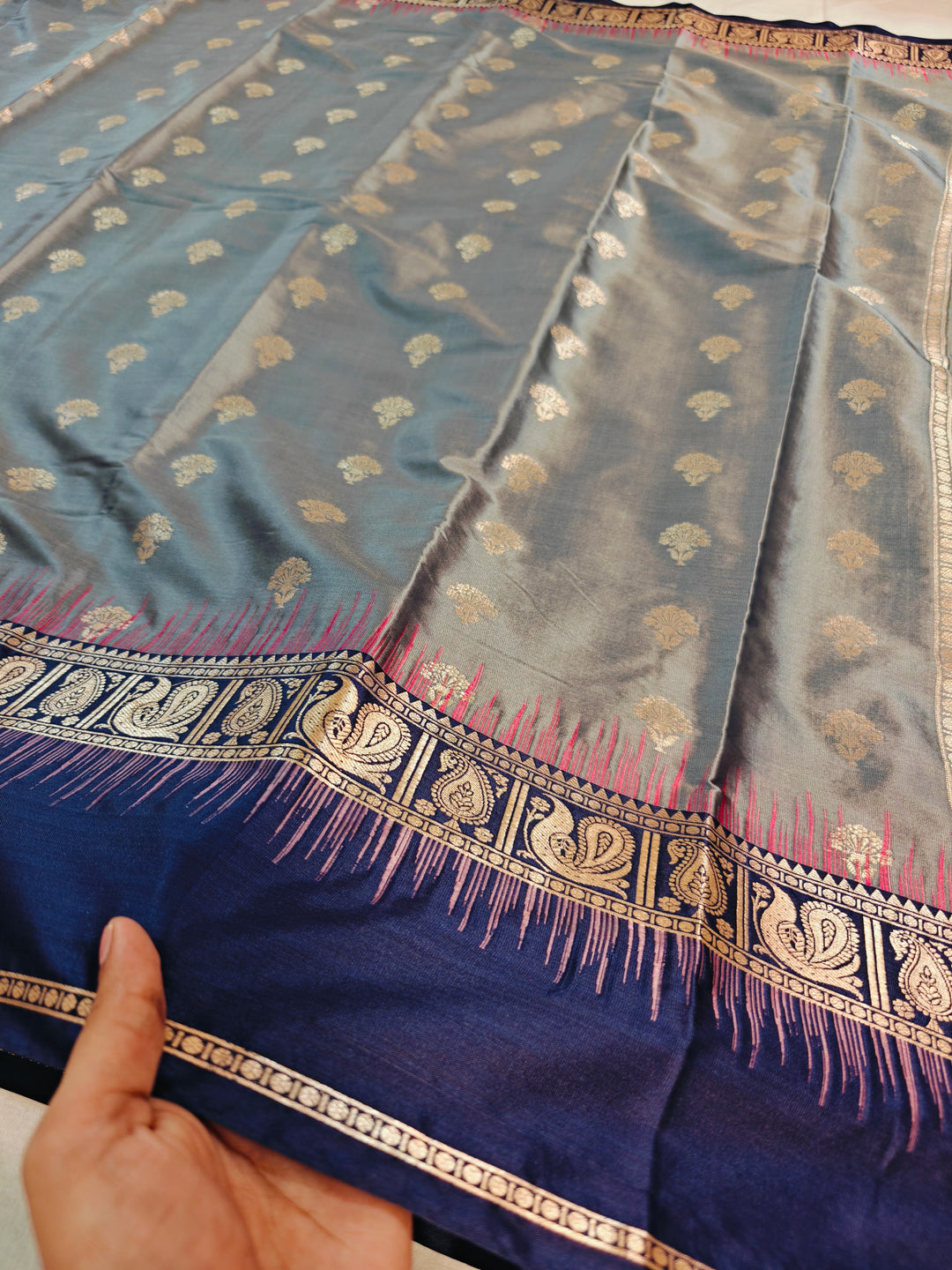 STEAL GREY WITH NAVY BLUE BORDER BANARASI SILK
