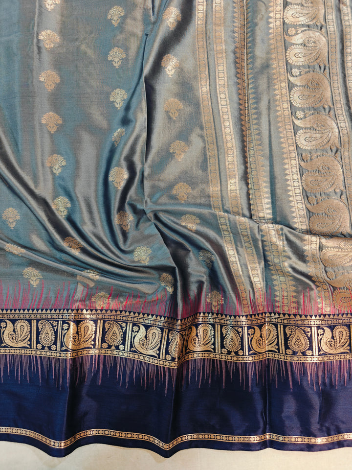 STEAL GREY WITH NAVY BLUE BORDER BANARASI SILK