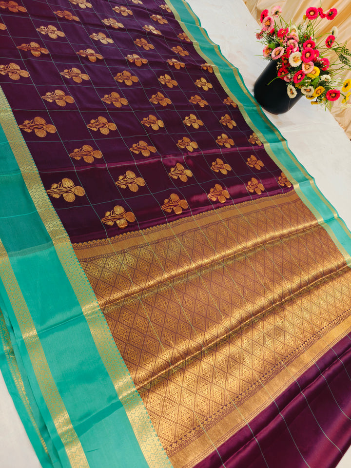 GARNET BANARASI SAREE WITH SEA GREEN BORDER INTRICATE CHECKS
