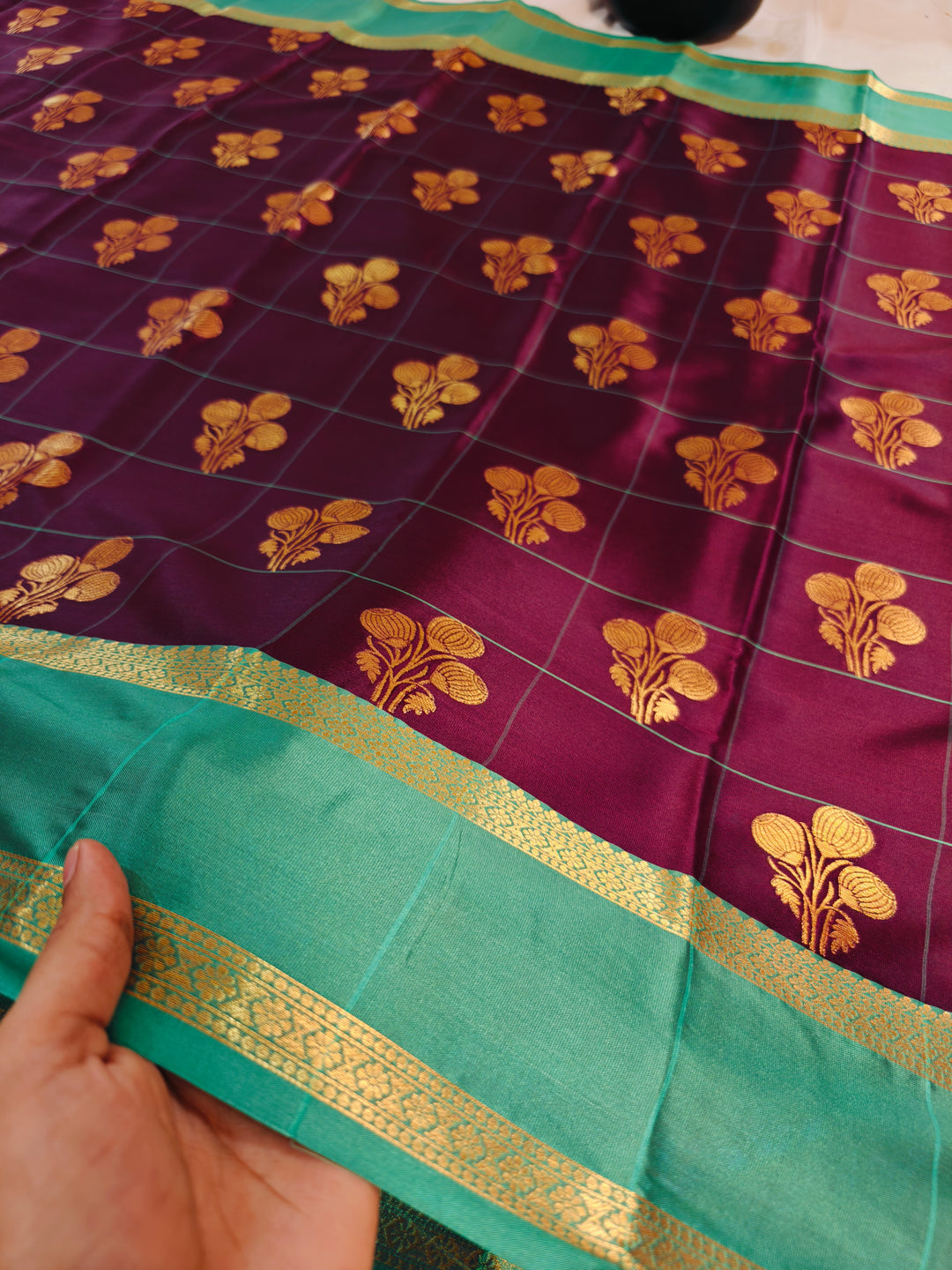 GARNET BANARASI SAREE WITH SEA GREEN BORDER INTRICATE CHECKS