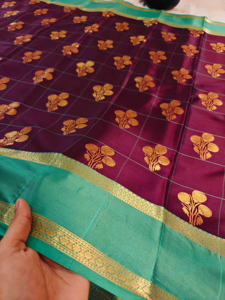 GARNET BANARASI SAREE WITH SEA GREEN BORDER INTRICATE CHECKS