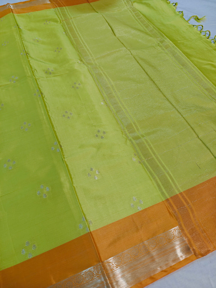 PARROT GREEN BANARASI KATAN SILK WITH ORANGE BORDER