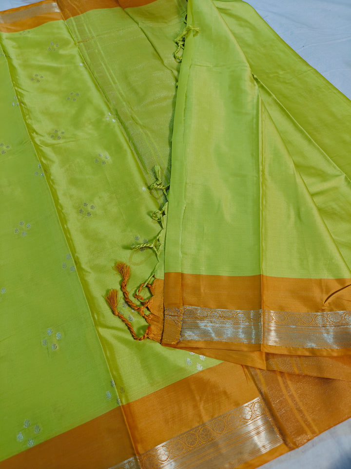 PARROT GREEN BANARASI KATAN SILK WITH ORANGE BORDER