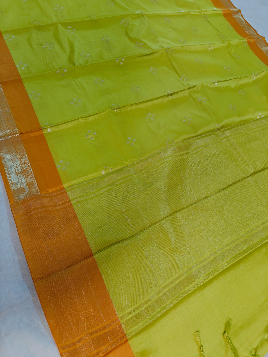 PARROT GREEN BANARASI KATAN SILK WITH ORANGE BORDER