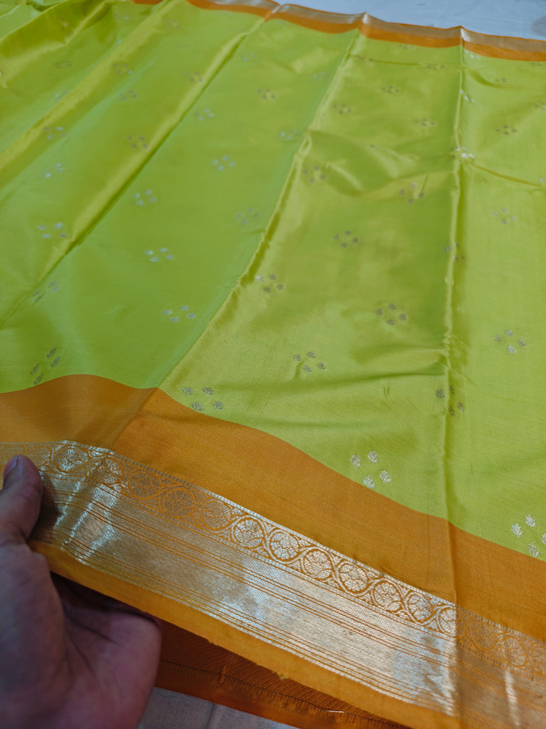 PARROT GREEN BANARASI KATAN SILK WITH ORANGE BORDER