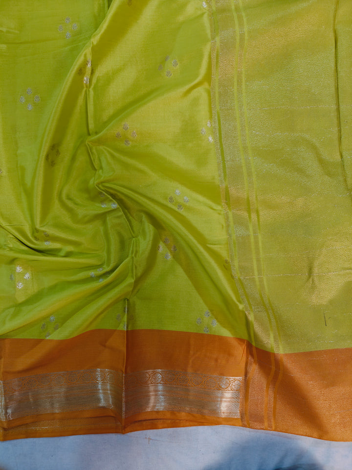 PARROT GREEN BANARASI KATAN SILK WITH ORANGE BORDER