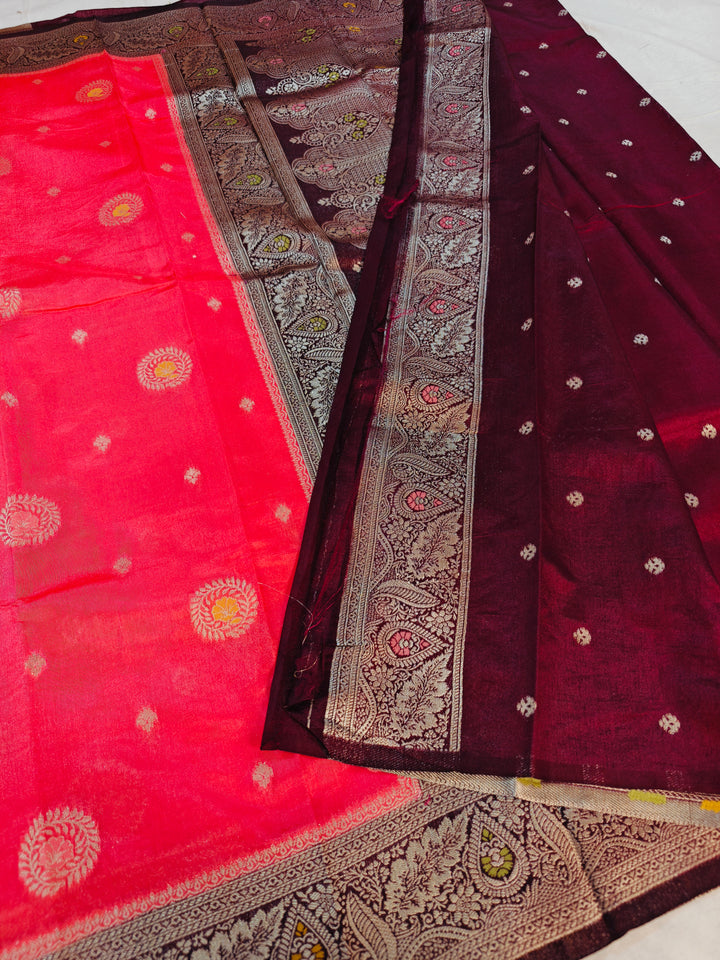 PEACH PAPER SILK MINAKARI WITH GARNET BORDER