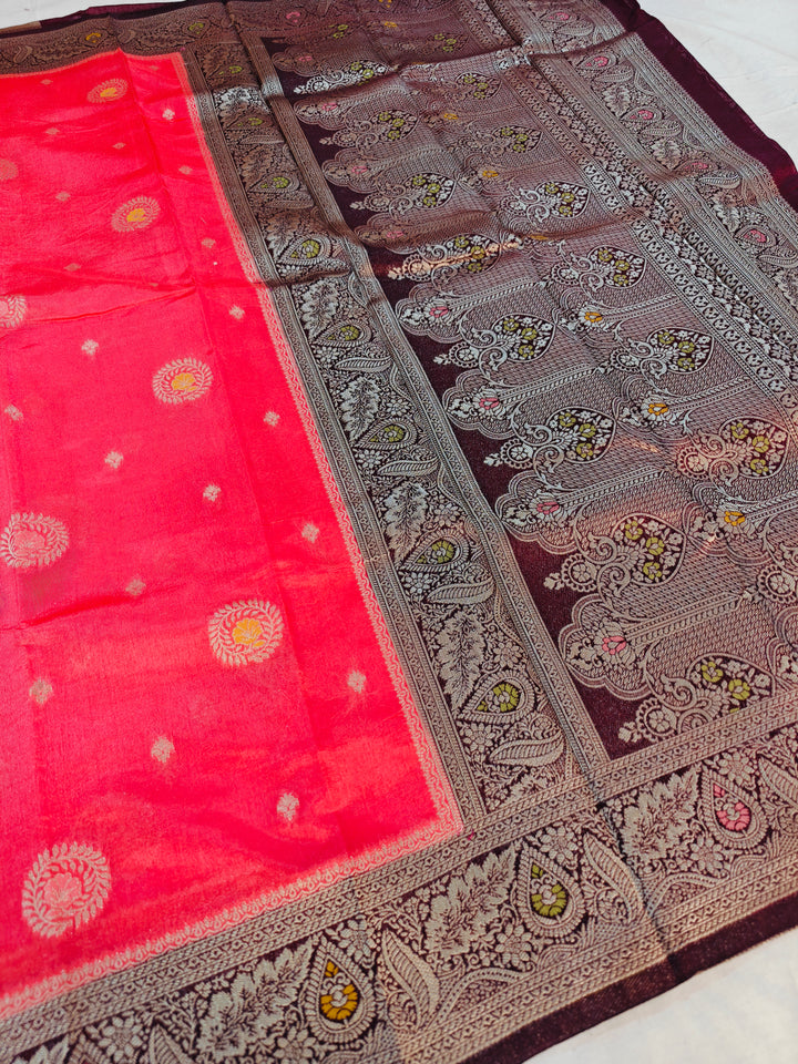 PEACH PAPER SILK MINAKARI WITH GARNET BORDER