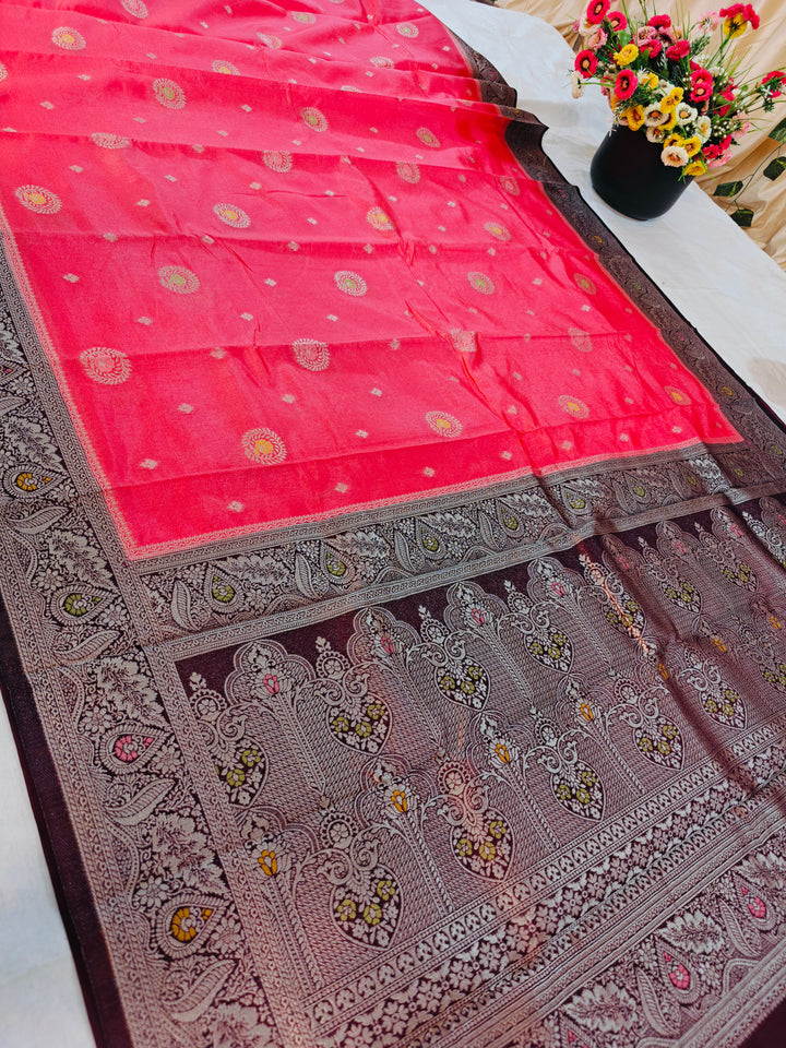 PEACH PAPER SILK MINAKARI WITH GARNET BORDER